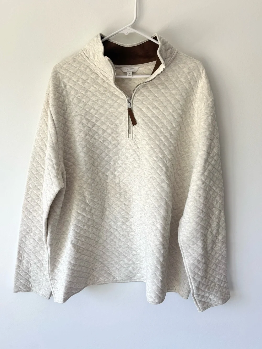 Banana Republic Quilted Knit Quarter Zip Pullover Cream Oatmeal Heather